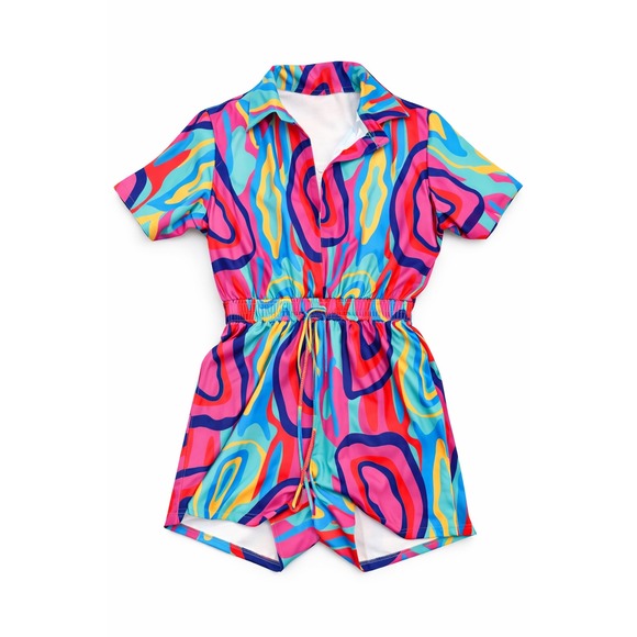 Pants - Women Abstract Maximalist Short Sleeve Collared Romper Drawstring Waist Dopamine